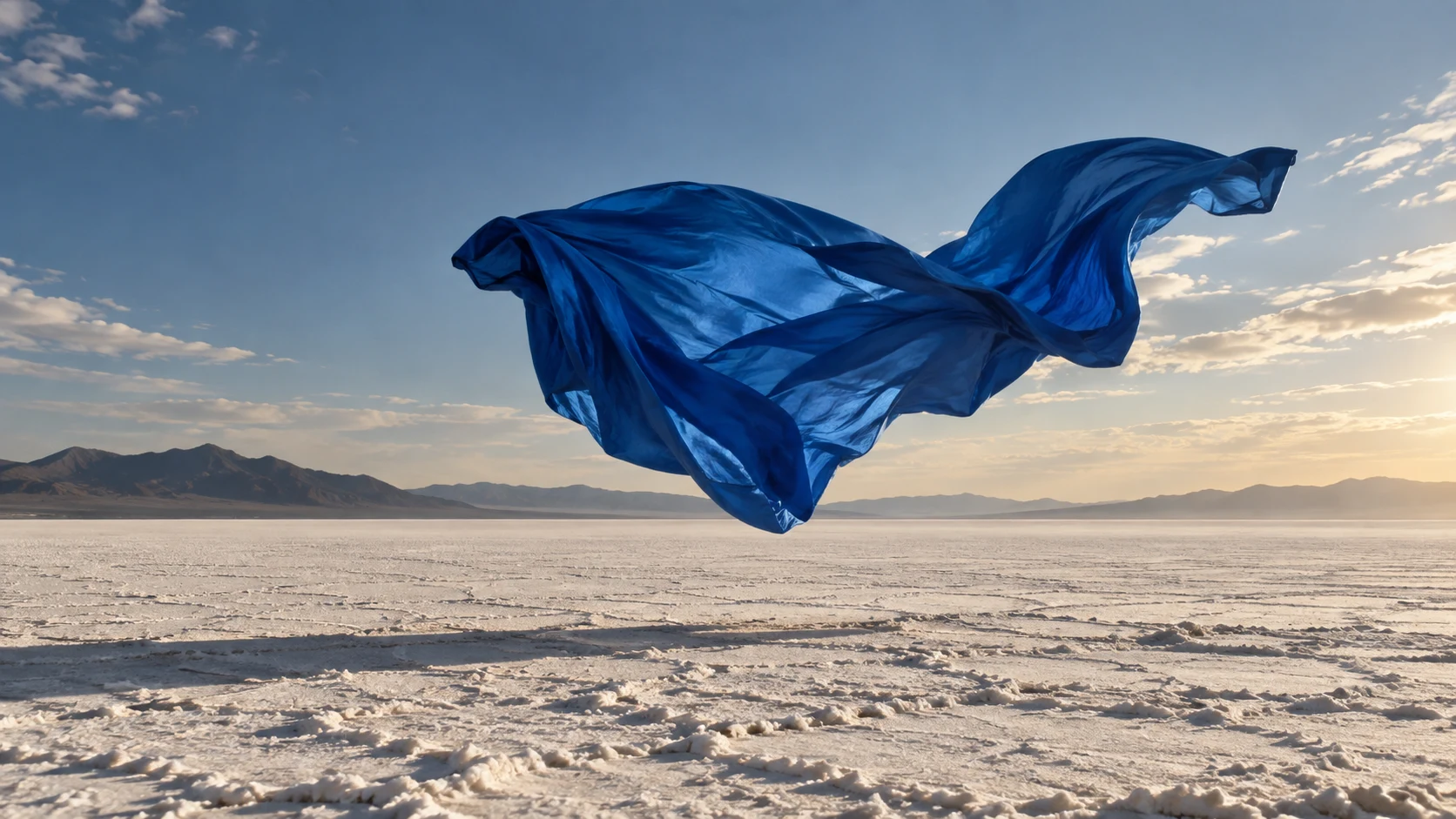 Synthetic preview of cobalt fabric moving above a salt flat